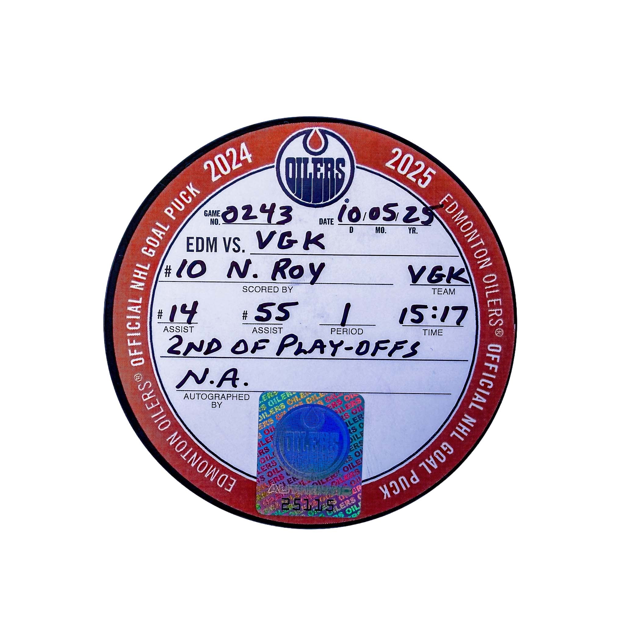 Nicolas Roy Vegas Golden Knights Playoff Goal Puck - May. 10/2025 vs Edmonton Oilers #25115 - Image 2