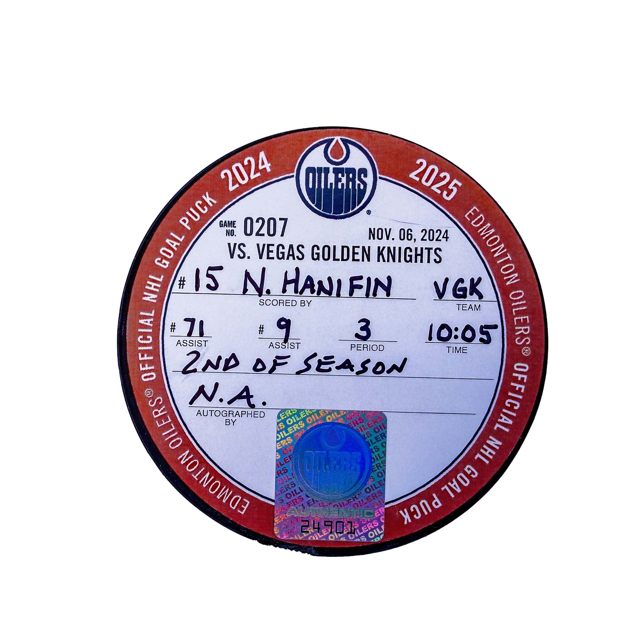 Noah Hanifin Vegas Golden Knights Goal Puck - Nov. 6/2024 vs Edmonton Oilers #24901 - Image 2