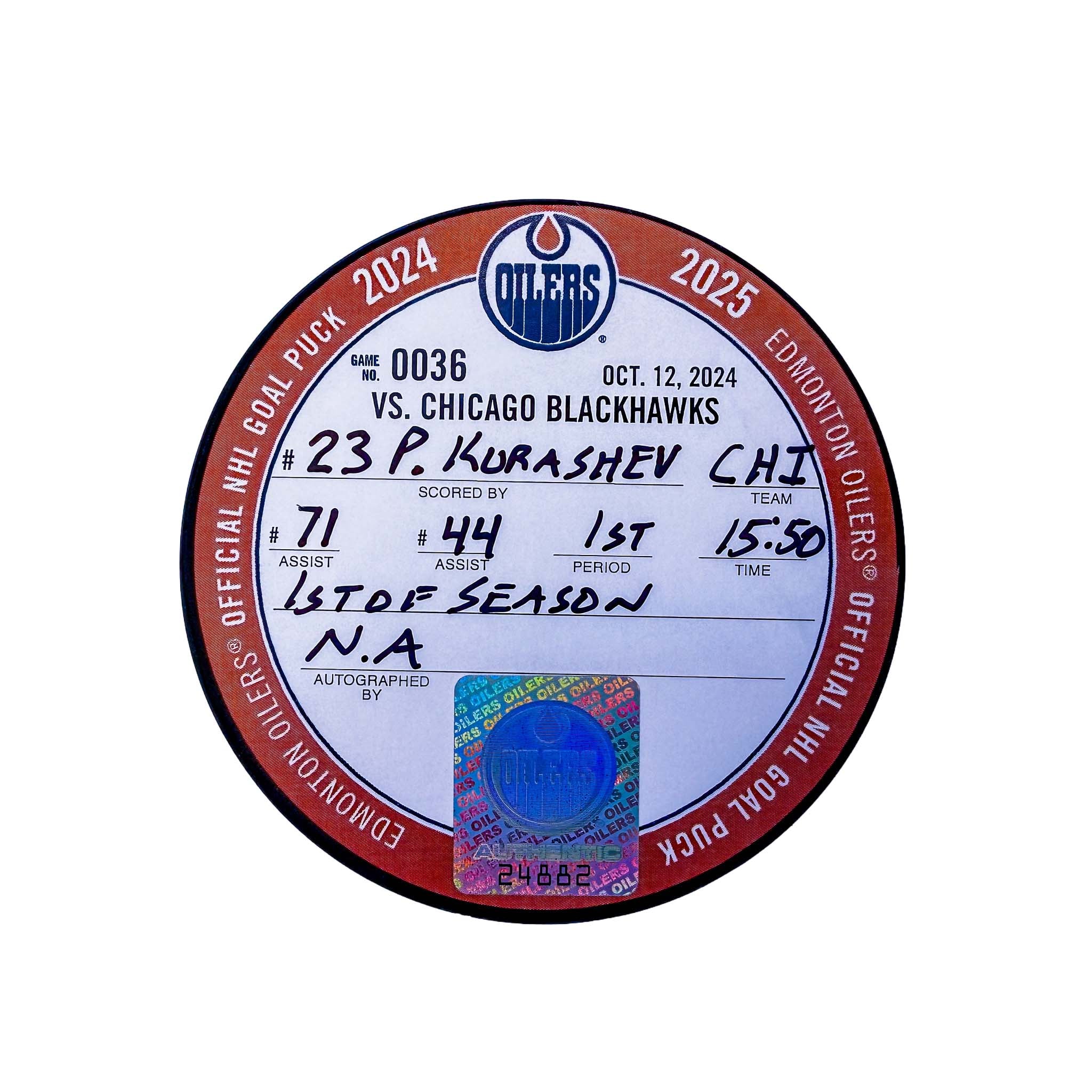 Phillip Kurashev Chicago Blackhawks Goal Puck - Oct. 12/2024 vs Edmonton Oilers #24882 - Image 2