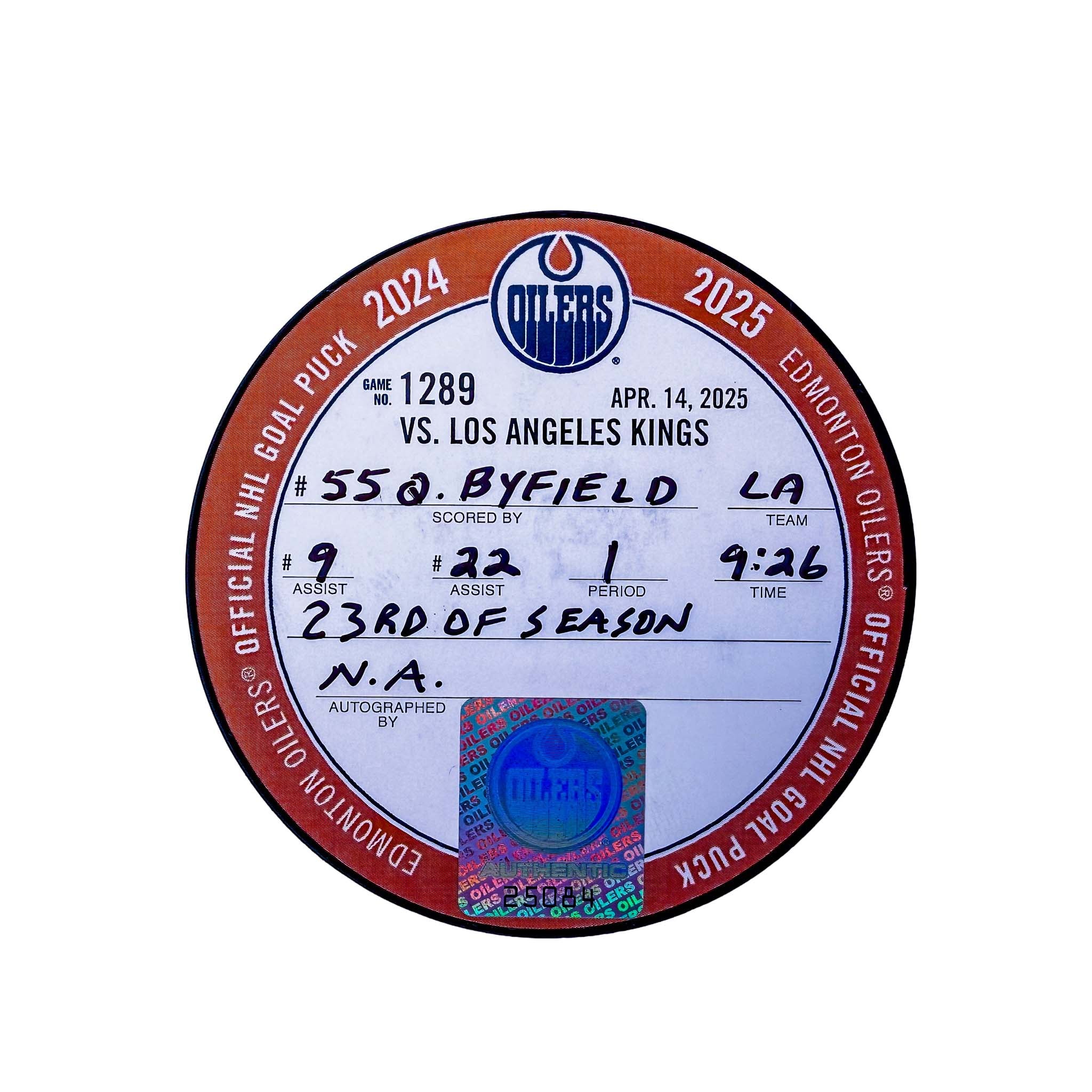 Quinton Byfield Los Angeles Kings Goal Puck - Apr. 14/2025 vs Edmonton Oilers #25084 - Image 2