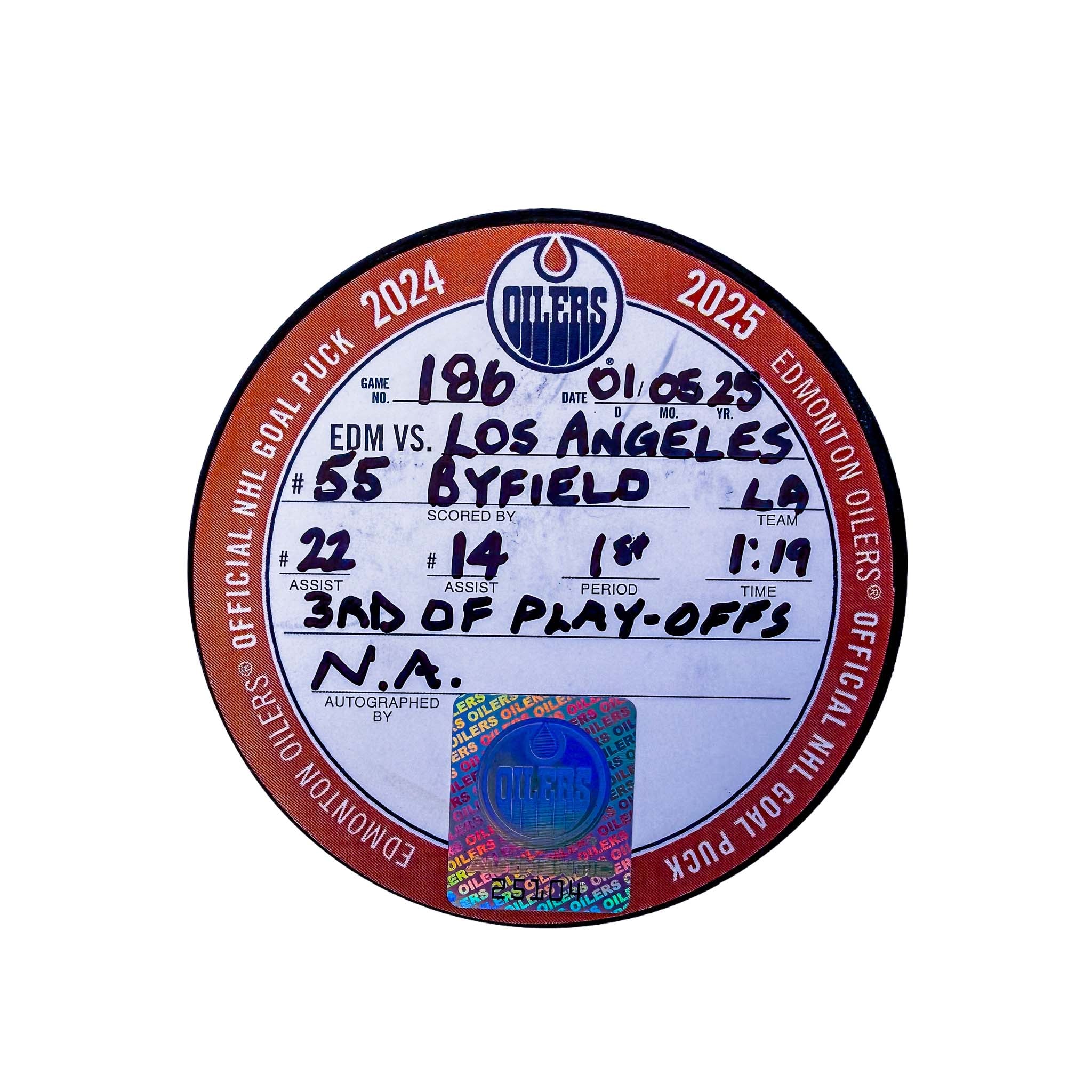 Quinton Byfield Los Angeles Kings Playoff Goal Puck - May. 1/2025 vs Edmonton Oilers #25104 - Image 2