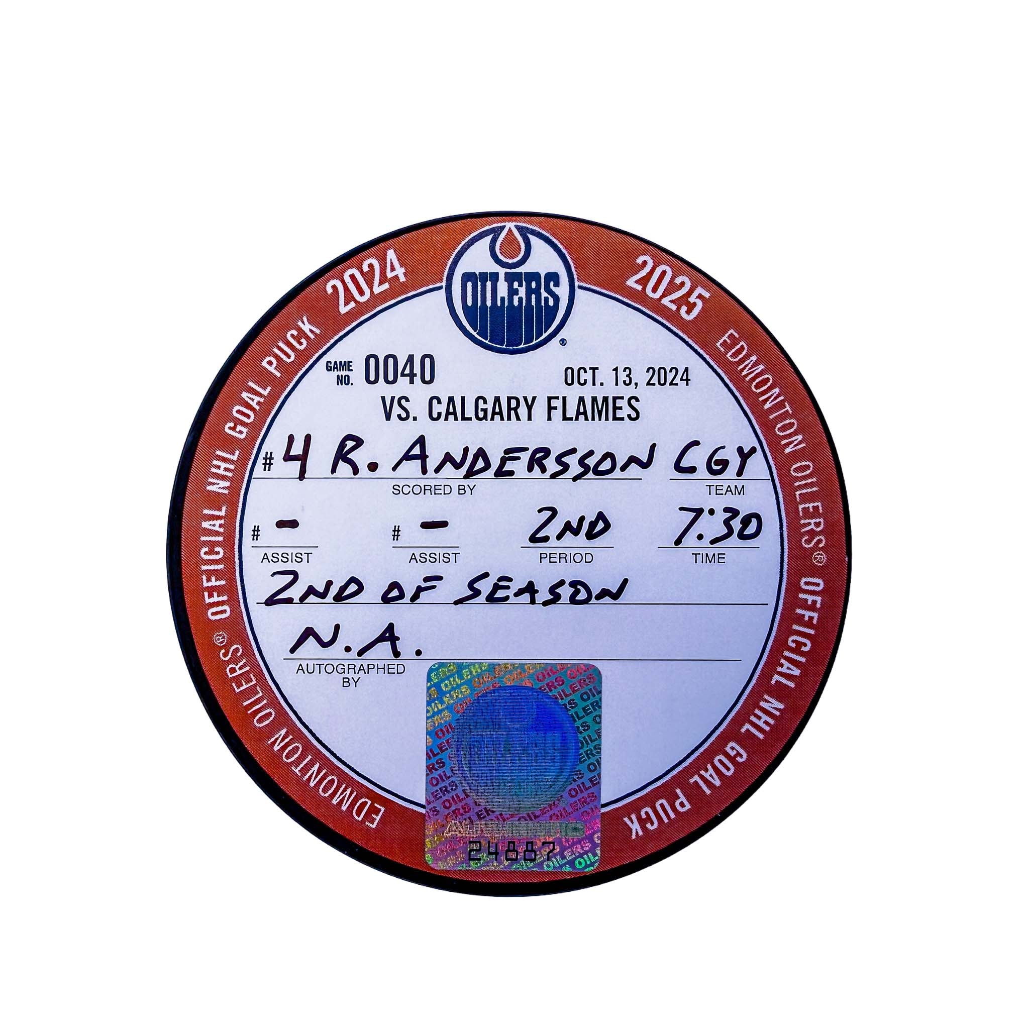 Rasmus Andersson Calgary Flames Goal Puck - Oct. 13/2024 vs Edmonton Oilers #24887 - Image 2