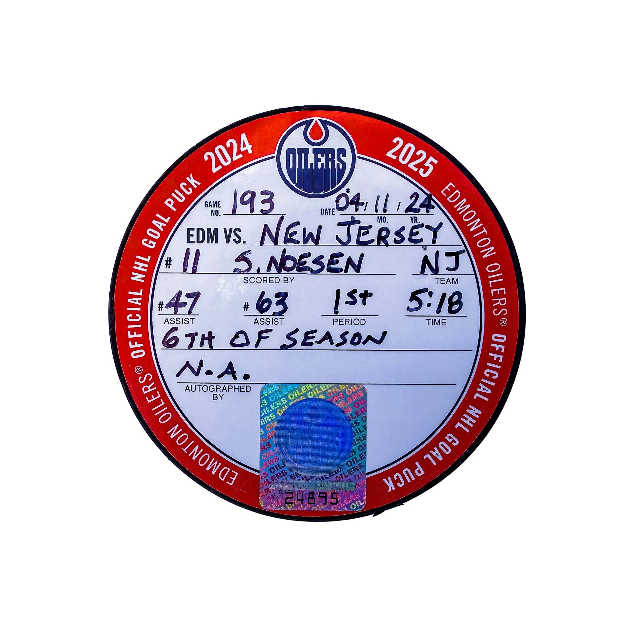 Stefan Noesen New Jersey Devils Goal Puck - Nov. 4/2024 vs Edmonton Oilers #24895 - Image 2