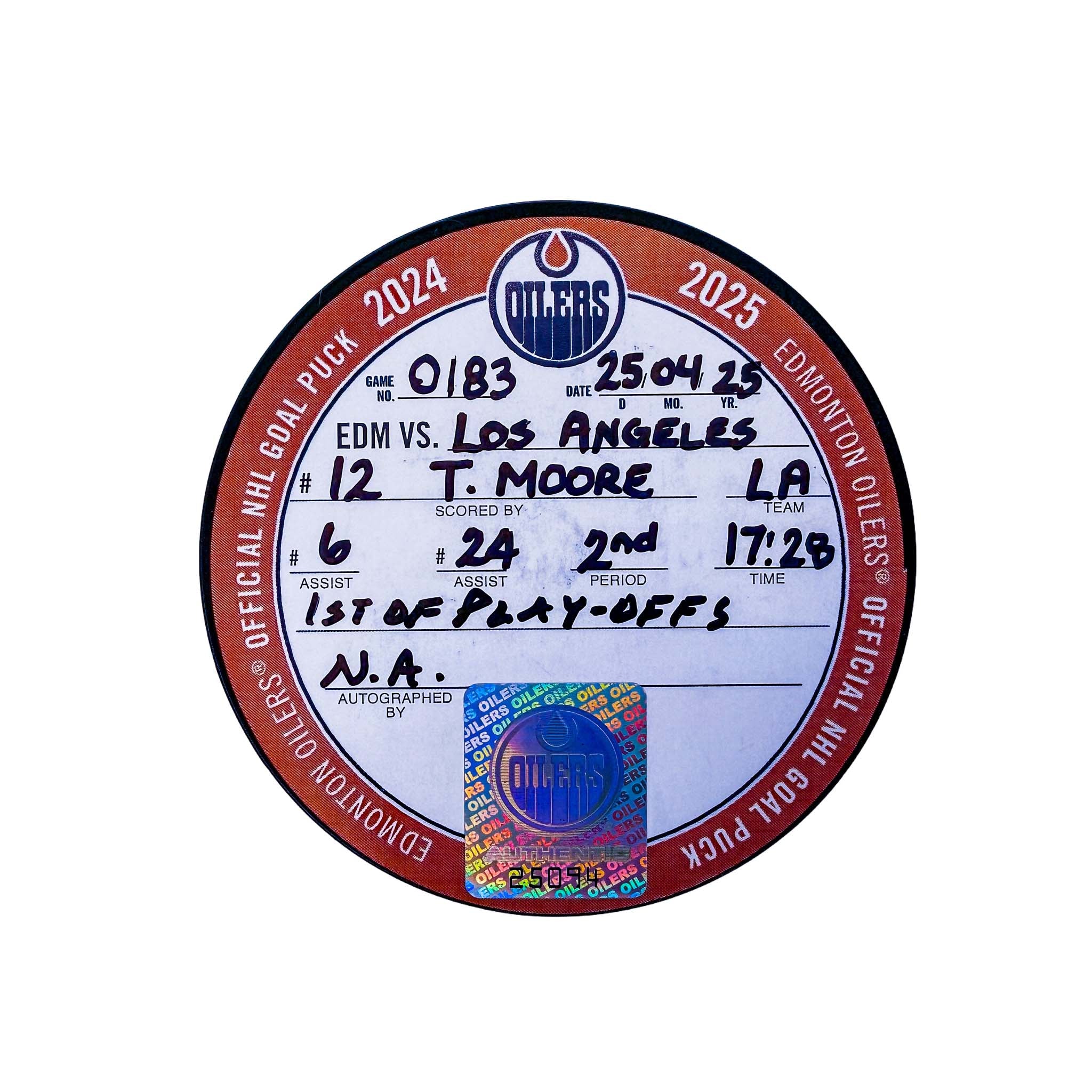 Trevor Moore Los Angeles Kings Playoff Goal Puck - Apr. 25/2025 vs Edmonton Oilers #25094 - Image 2