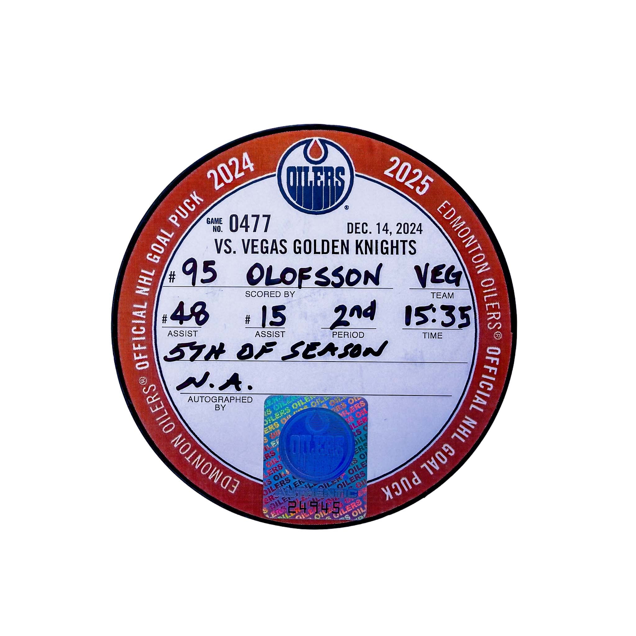 Victor Olofsson Vegas Golden Knights Goal Puck - Dec. 14/2024 vs Edmonton Oilers #24945 - Image 2