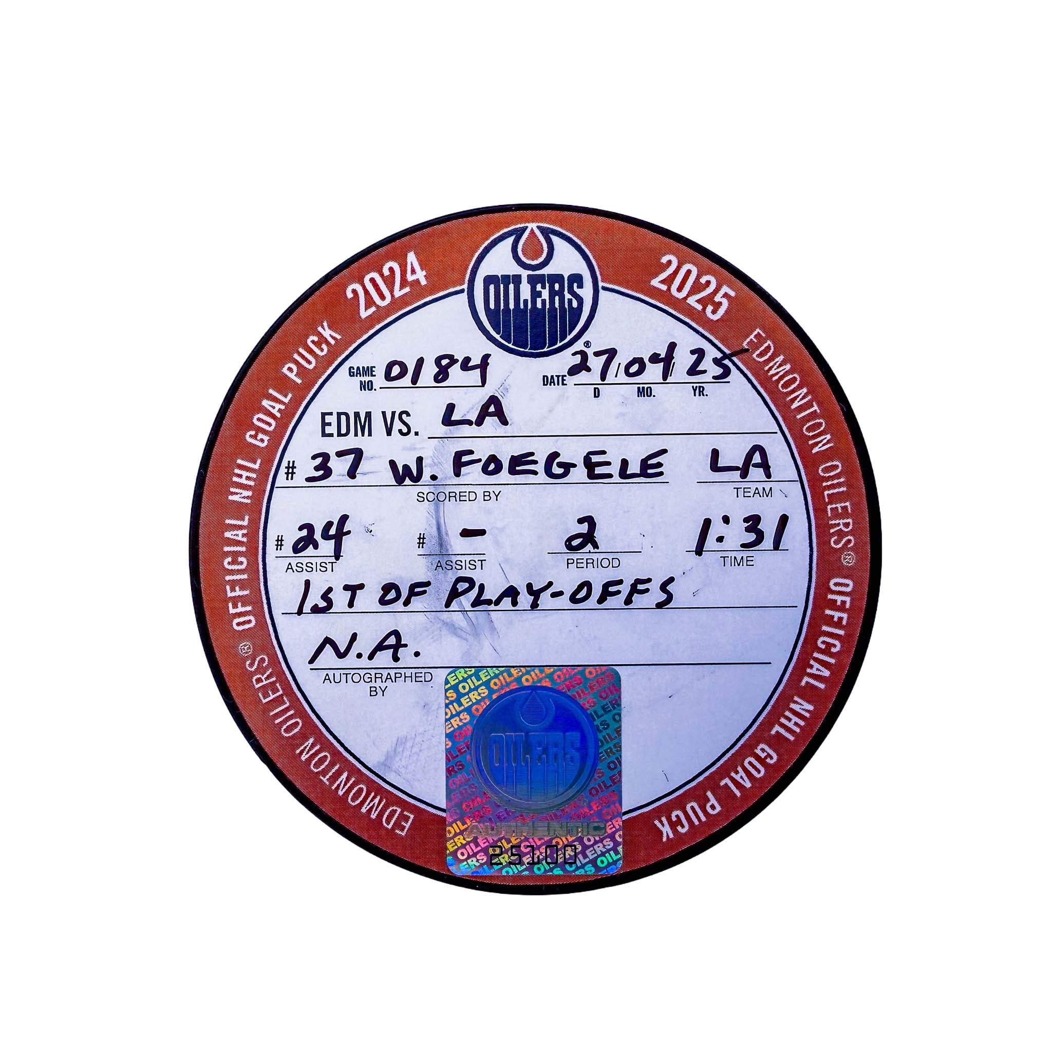 Warren Foegele Los Angeles Kings Playoff Goal Puck - Apr. 27/2025 vs Edmonton Oilers #25100 - Image 2