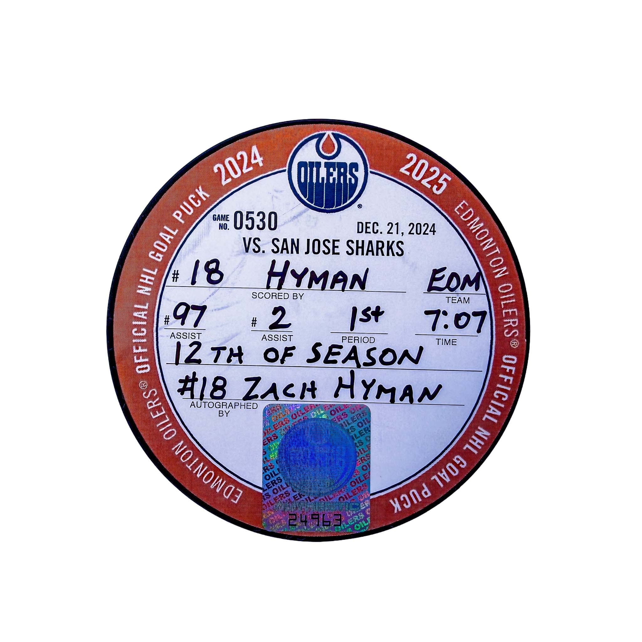 Zach Hyman Edmonton Oilers Autographed Goal Puck - Dec. 21/2024 vs San Jose Sharks #24963 - Image 2
