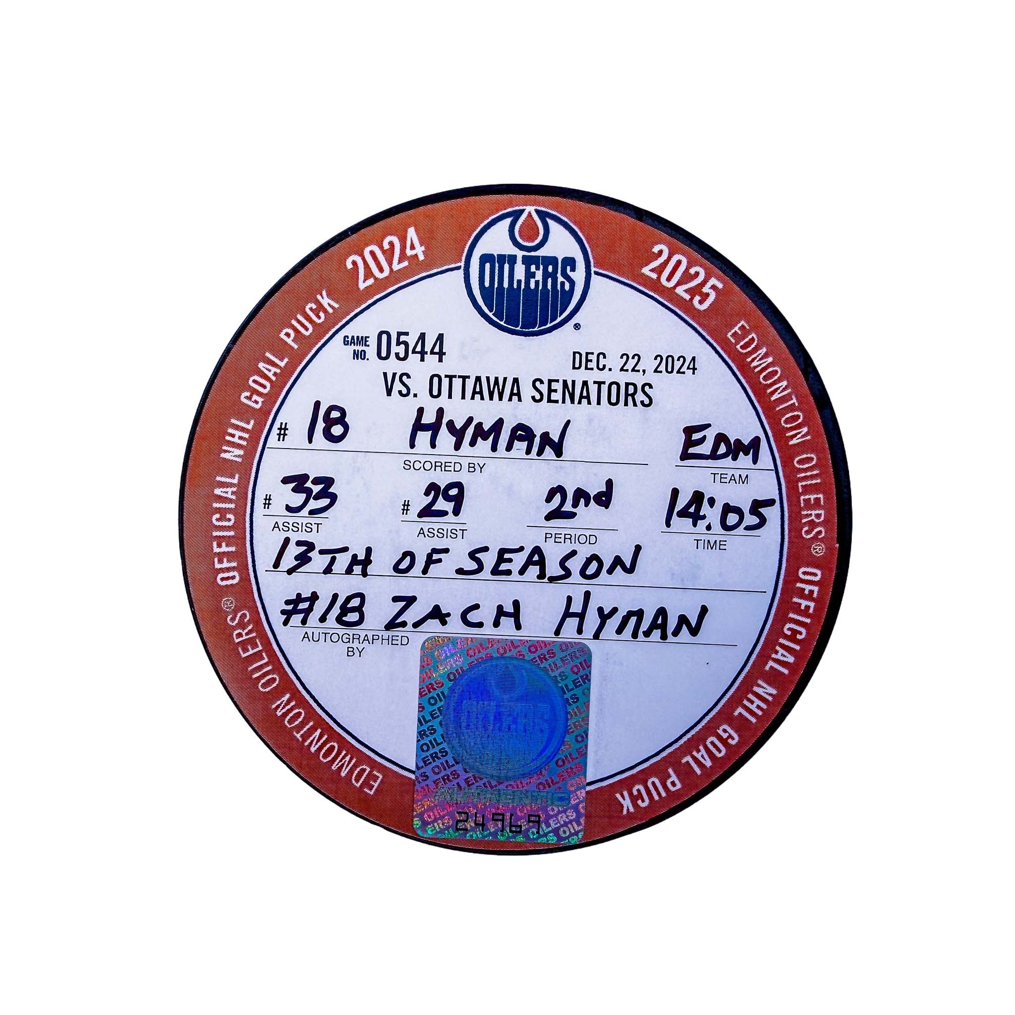 Zach Hyman Edmonton Oilers Autographed Goal Puck - Dec. 22/2024 vs Ottawa Senators #24969 - Image 2
